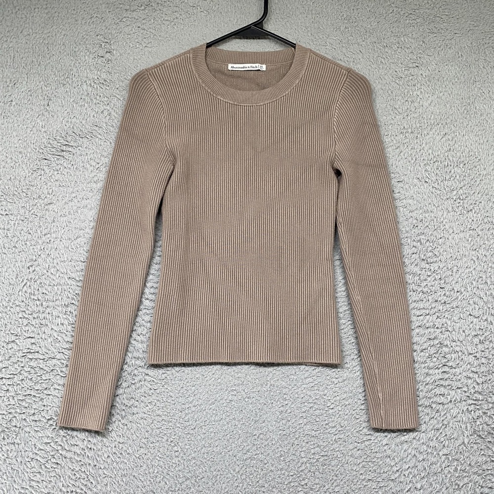 Abercrombie Rib Knit Sweater Womens XS Beige Ribbed Knit Crew Neck Slim Stretch
